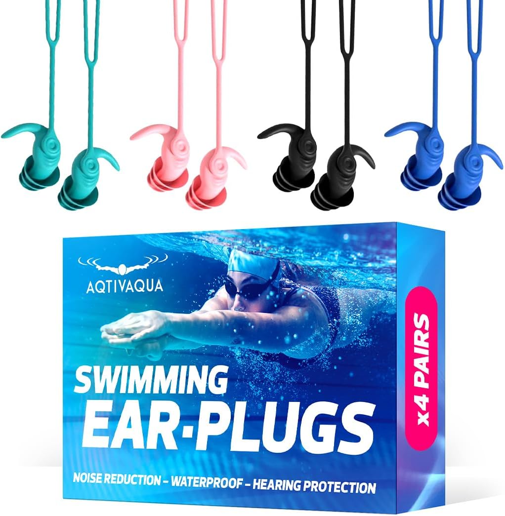 AqtivAqua Ear Plugs for Swimming – 4x Pairs (4 Colors) Soft Silicone Swimming Ear Plugs, Waterproof & Comfortable Secure Fit Swim Ear Plugs for Surfing, Snorkeling, all Water Sports, for Adults & Teens
