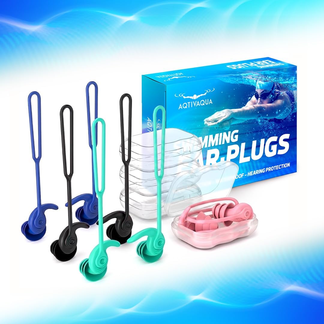 AqtivAqua Ear Plugs for Swimming – 4x Pairs (4 Colors) Soft Silicone Swimming Ear Plugs, Waterproof & Comfortable Secure Fit Swim Ear Plugs for Surfing, Snorkeling, all Water Sports, for Adults & Teens