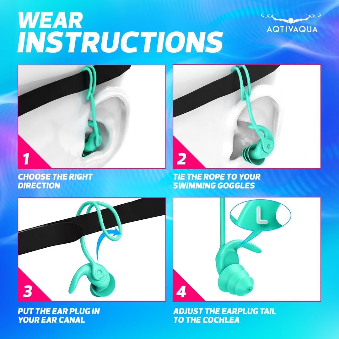 AqtivAqua Ear Plugs for Swimming – 4x Pairs (4 Colors) Soft Silicone Swimming Ear Plugs, Waterproof & Comfortable Secure Fit Swim Ear Plugs for Surfing, Snorkeling, all Water Sports, for Adults & Teens