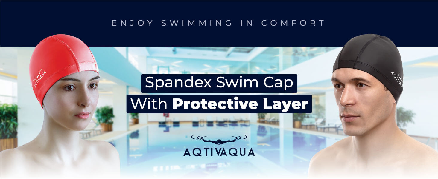 Man and woman wearing AQTIVAQUA swimming caps – enjoy safe, comfortable, and stylish swim sessions with AQTIVAQUA's premium caps designed for all swimmers