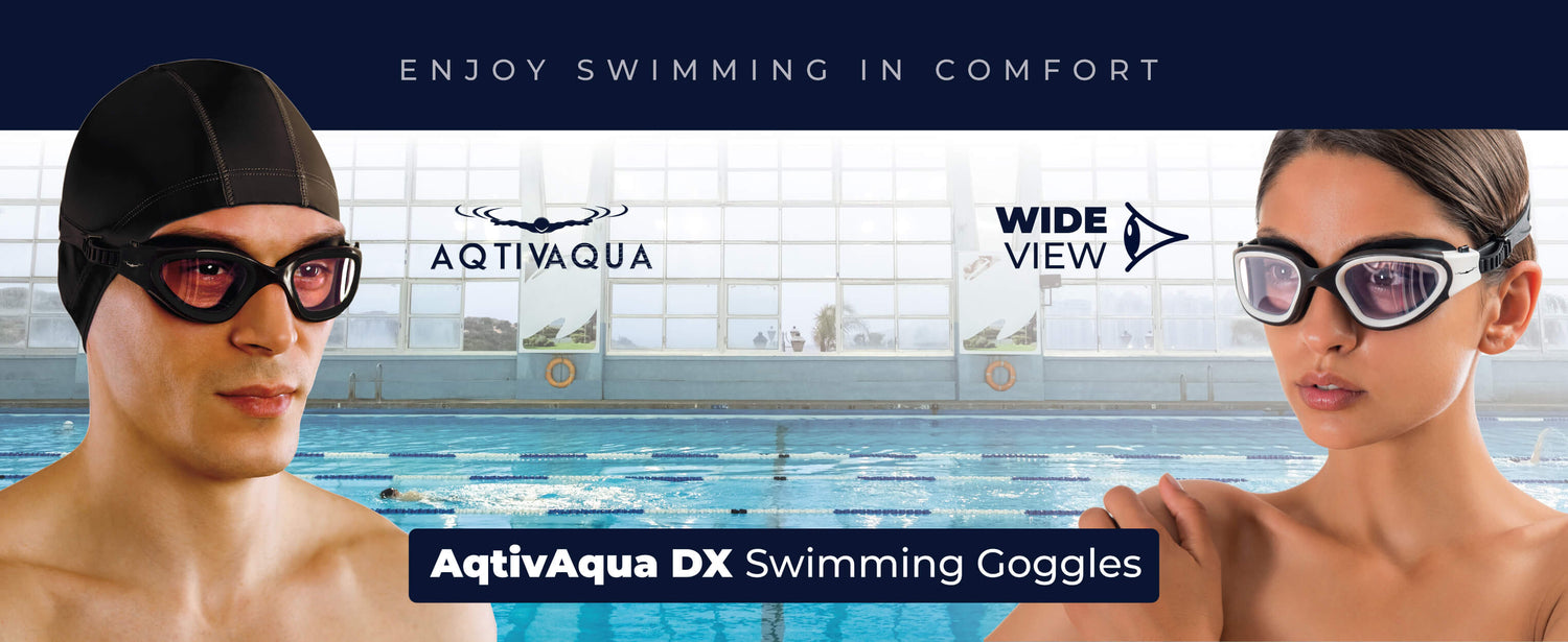 Image banner featuring a man and woman wearing Aqtivaqua DX Wide View Swimming Goggles, providing exceptional vision and comfort for all swimmers