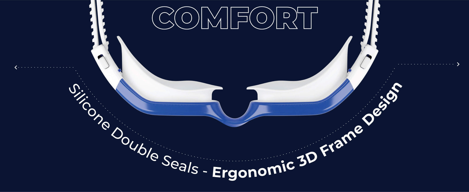 Image featuring the silicone double seals and ergonomic 3D design of Aqtivaqua DX Wide View Swimming Goggles, ensuring a secure and comfortable fit for all swimmers